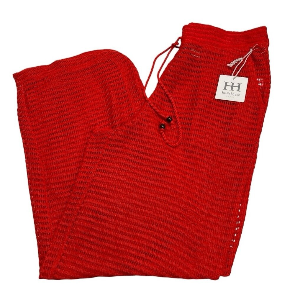 Haute Hippie Crochet Pant Cover Up Red Open Knit Wide Split Leg‎ Sz M Boho Chic